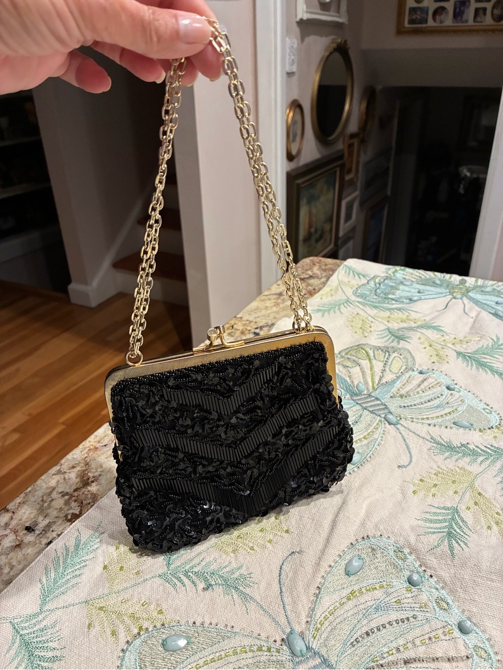Vintage Black Beaded Evening Handbag with Gold Chain